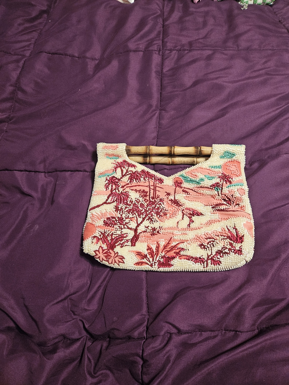 NWOT Embroidered Bamboo Handle Handbag in Cream and Pink
